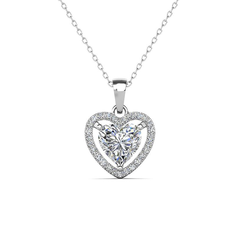 18K White Gold Plated Heart Pendant Necklace for Women – Hypoallergenic Simulated Diamond Halo Crystal Necklace with Adjustable 16–18" Chain & Luxury Gift Box