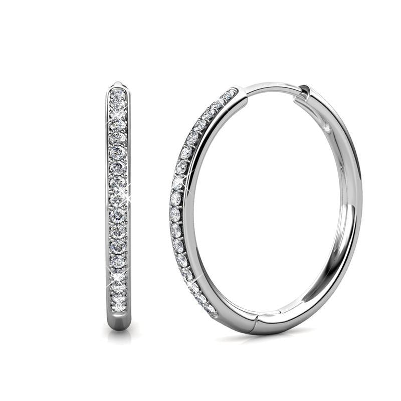 18K White Gold Plated Hoop Earrings for Women – 34 Simulated Diamond Crystal, Hypoallergenic & Lightweight 25mm Hoops with Secure Latch Back