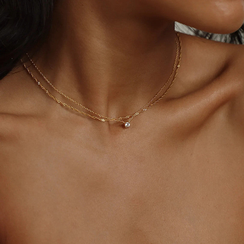Minimalist Diamond Necklace for Her - Dainty Crystal Solitaire in Gold & Silver, Elegant Everyday Jewelry Gift