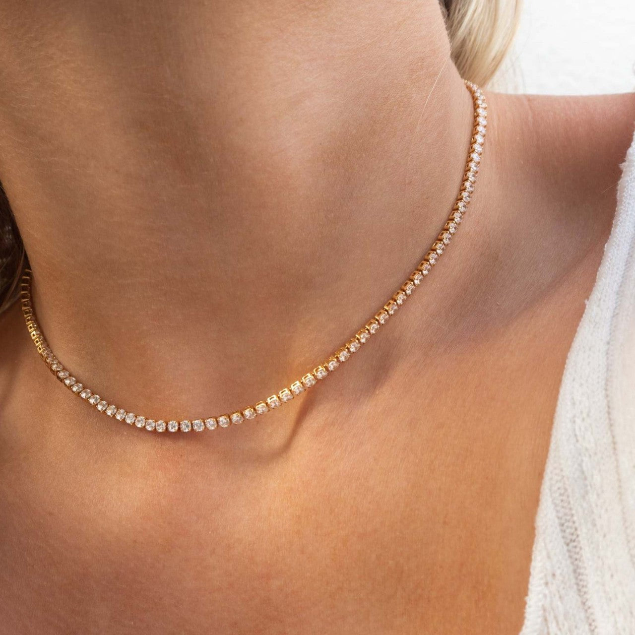 Trendy 14K Gold Tennis Necklace for Women - Brilliant Simulated Diamond CZ Chain, Elegant & Versatile Layering Jewelry with Upgraded Secure Clasp