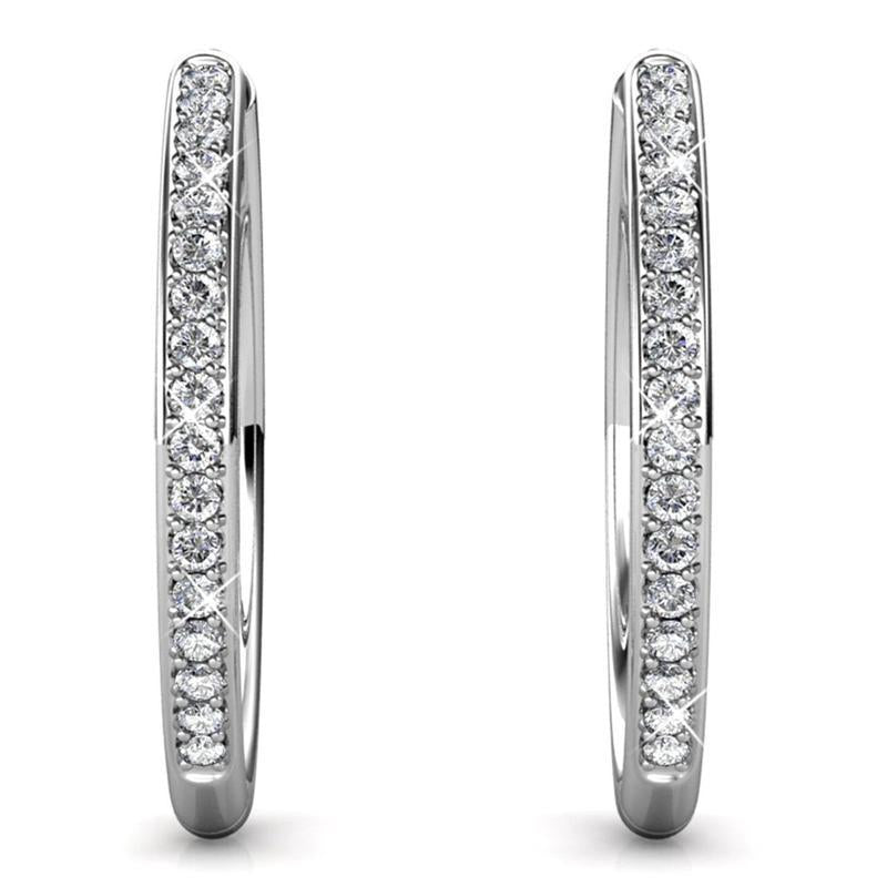 18K White Gold Plated Hoop Earrings for Women – 34 Simulated Diamond Crystal, Hypoallergenic & Lightweight 25mm Hoops with Secure Latch Back