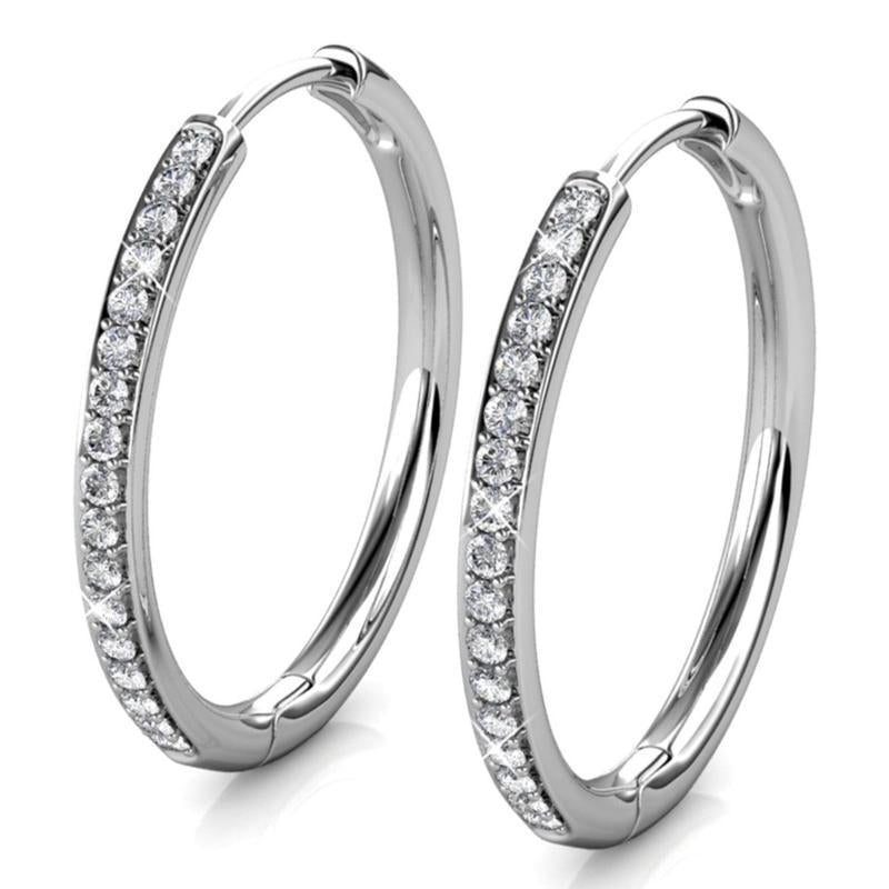 18K White Gold Plated Hoop Earrings for Women – 34 Simulated Diamond Crystal, Hypoallergenic & Lightweight 25mm Hoops with Secure Latch Back
