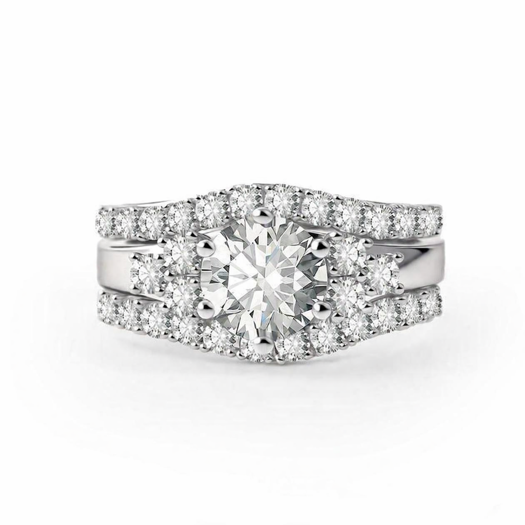 Eco-Conscious Bridal Ring Set – VVS Synthetic Moissanite Solitaire + Triple Stacking Rings in Recycled Copper, Timeless Embrace Promise & Wedding Duo